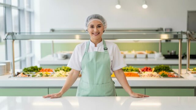 Smiling cafeteria worker presenting fresh healthy food at modern salad bar in bright kitchen
