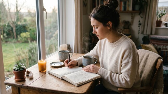 Young woman writing in journal at wooden desk with candle and coffee by window