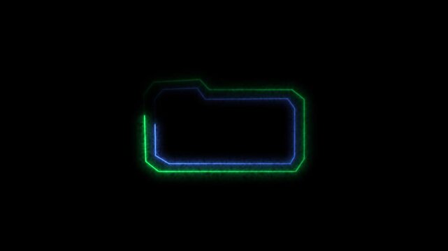 Neon folder icon animation with glowing green and blue electric lines on black background featuring futuristic cyber security interface design elements for digital data storage technology