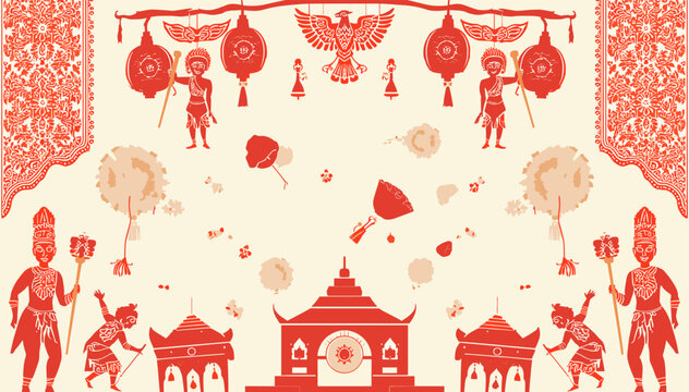 Intricate Red and Cream Pattern Featuring Figures, Pagodas, and an Eagle Motif.