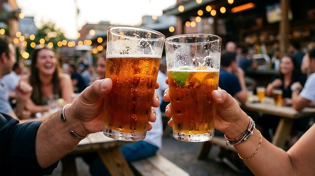 Friends toasting with cold beer glasses at an outdoor bar with string lights in the background