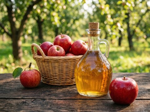 Glass bottle of apple cider vinegar with fresh apples in a basket on a rustic wooden table in an orchard