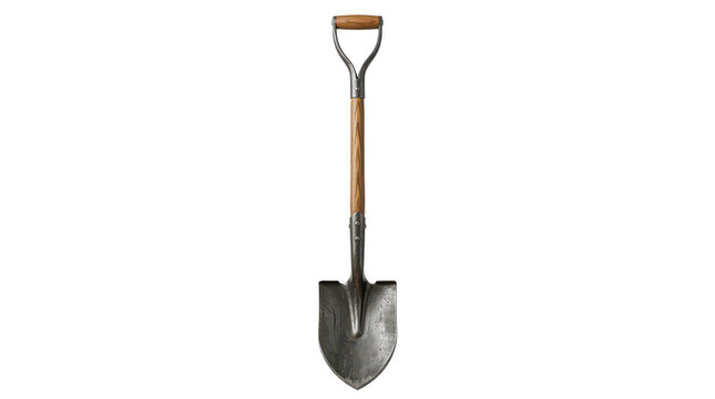 A sturdy garden shovel with wooden handle on a white background
