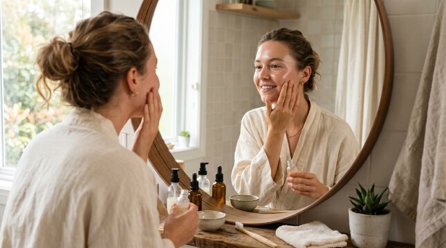 Woman applying facial serum in a bright bathroom reflecting in a mirror with skincare products