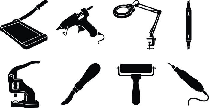 Handmade craft workshop and DIY tools icon set featuring paper trimmer glue gun and brayer roller silhouettes