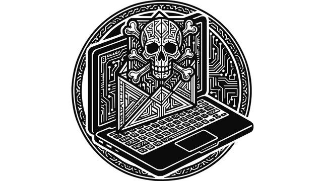 cyber security concept with a skull and crossbones on a laptop screen symbolizing digital threat and hacking danger