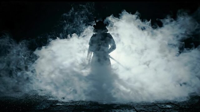 Mysterious Japanese samurai warrior silhouette standing within dense smoke holding sharp katana sword, wearing traditional armor helmet in deep darkness and cold fog under dramatic backlight