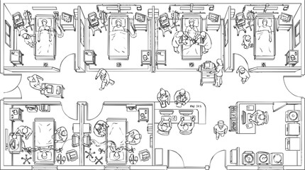 Obraz premium Architectural sketch of a hospital floor plan and medical ward layout showing patient rooms, healthcare layout design, and clinical facility staff.