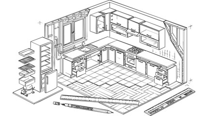 Fototapeta premium Detailed architectural kitchen interior design sketch featuring a professional layout for home renovation and residential planning projects