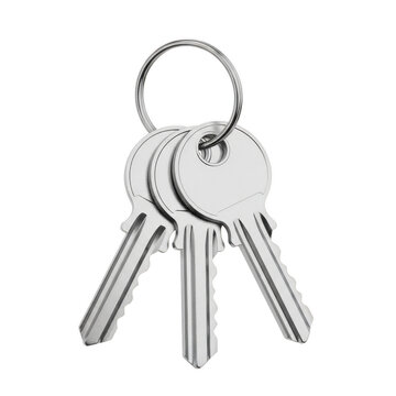 Three silver metal keys on a simple steel key ring isolated on transparent background
