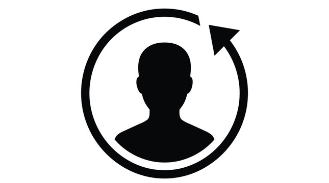 Minimalist black icon showing a human silhouette profile inside a circular refresh arrow symbol isolated on a clean white background for modern digital user interfaces