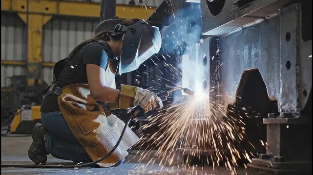 A female welder wearing protective gear, including a helmet and apron, meticulously welds metal components in an industrial setting, creating a shower of bright sparks.