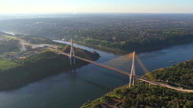 Wide aerial view of the Paran&aacute; and Iguazu rivers with the Integration Bridge.
