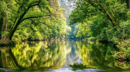 Fototapeta premium Tranquil Freshwater Lake Surrounded by Lush Green Forest in a Serene Natural Environment