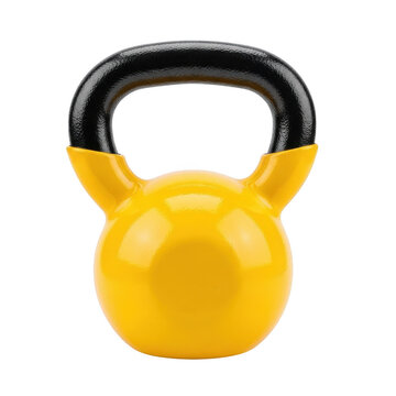 Yellow and black kettlebell weight for fitness training isolated on transparent background