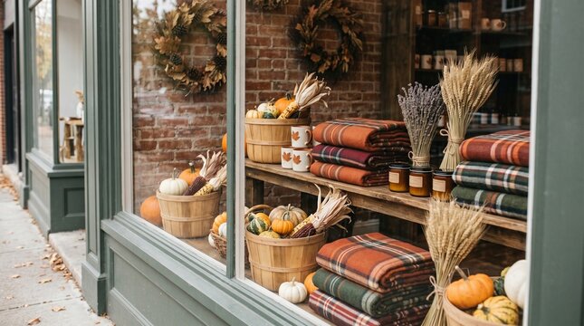 Autumn store window display with pumpkins plaid blankets and fall decor