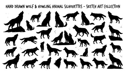 Obraz premium Hand drawn wolf howling animal silhouette shapes, doodle sketch collection, black ink vector illustration