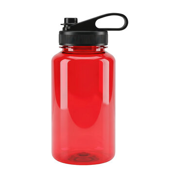 Red plastic water bottle with black screw cap lid isolated on transparent background