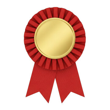 Red ribbon award rosette with gold center medal isolated on transparent background