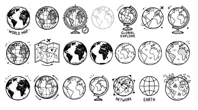 and drawn globe world map sphere shapes various styles, doodle sketch collection, black ink vector illustration