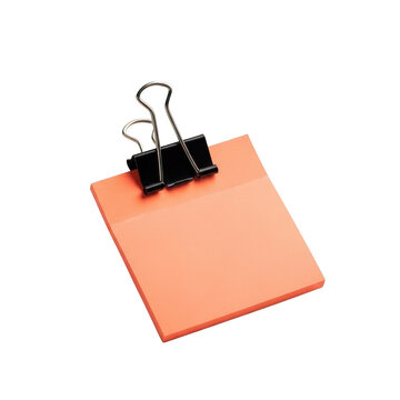 Orange sticky note with a black metal paper clip isolated on transparent background