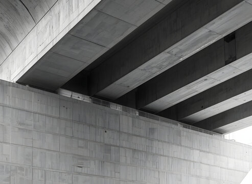 Abstract Architectural Composition Featuring Concrete Bridge Support Pillars and Structural Underpass Beams in Monochrome