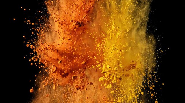 Vibrant yellow orange spice powder dust cloud explosion creates energetic burst with dynamic colorful splash particle freeze motion floating in air against dark black background