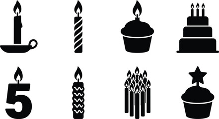 Naklejka premium Set of black and white candle and cake icons for birthday celebrations and party designs