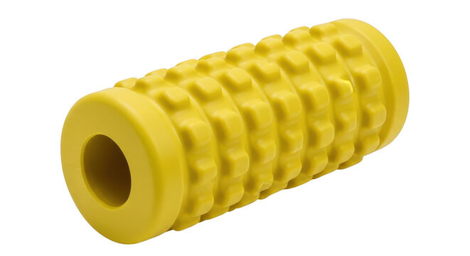Yellow foam roller for fitness and muscle massage therapy isolated on transparent background