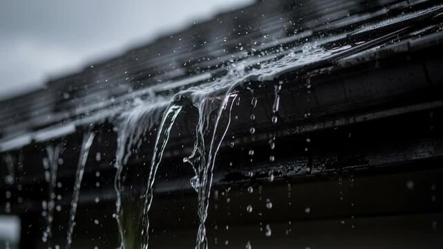 Close up of rainwater overflowing from roof gutter during heavy rainfall outdoor scene