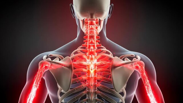 Human skeletal system with highlighted spine and shoulder pain anatomy medical concept