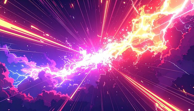 激しく走る雷撃と光線が交差するエネルギー放電の抽象背景01｜雷,電撃,光線,エネルギー,発光,背景,紫｜Powerful Lightning Energy Discharge with Radiant Light Rays Abstract Electric Background