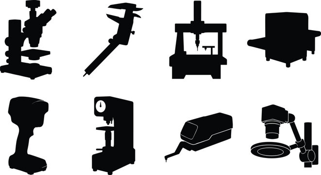 Set of black icons representing precision quality control, industrial measurement tools, and laboratory inspection equipment