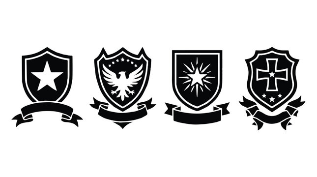 Set of four black and white shield icons with various symbols