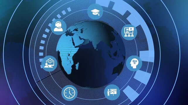Futuristic blue digital interface with education icons and world globe for global professional certification programs.
