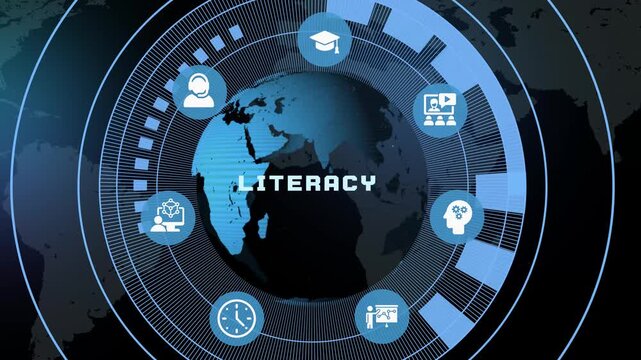 Tech based educational graphics showcasing global digital literacy frameworks and fundamental data understanding.