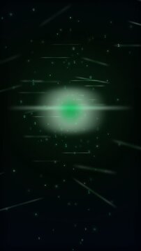 Green binary code particles flowing through dark space, abstract glowing light streaks with zeros and ones, matrix data stream, computer code visualization.