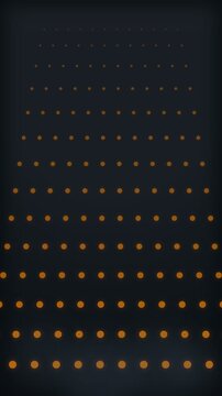 Glowing orange dots arranged in a widening pyramid pattern on a dark grey surface, minimalist geometric grid design, abstract retro style.
