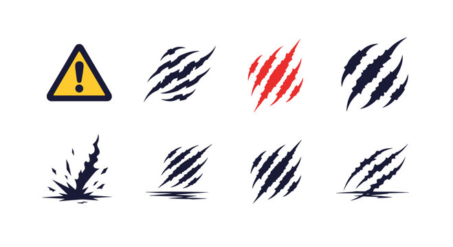 Set of animal claw marks and scratches in various styles along with a yellow triangular caution warning icon sign.