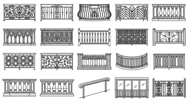 Architectural CAD Decorative Railing and Balustrade Symbol Collection Vector Block Library