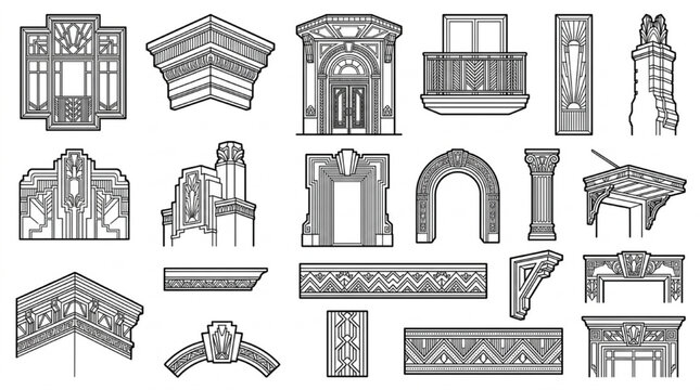 Architectural CAD Classical Decorative Detail Blocks with Arches Cornices and Facade Elements Vector Set