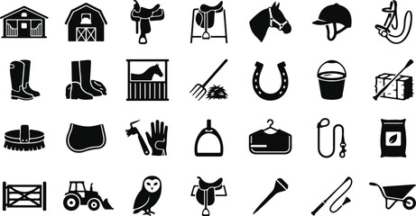 Equestrian and horse stable equipment silhouette icon set © Monochrome studio