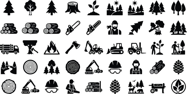 Forestry and logging industry silhouette icons for timber production