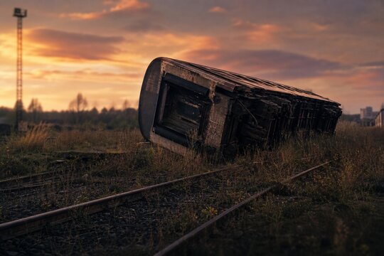 A derailed train carriage on its side on an abandoned overgrown railway.