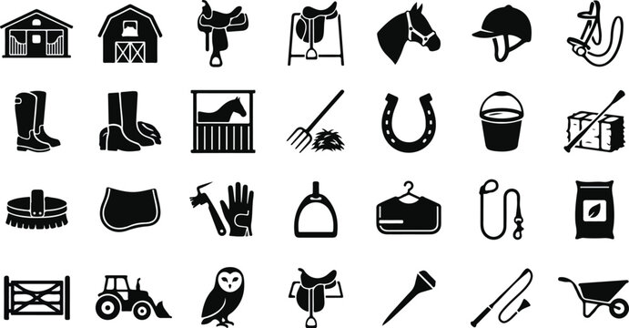 Equestrian and horse stable equipment silhouette icon set