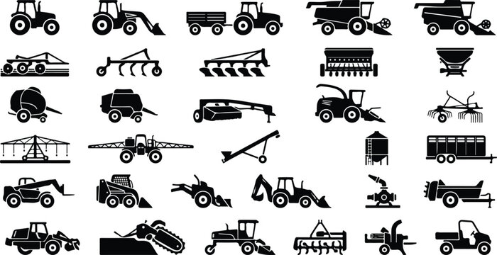 Agricultural machinery and farming equipment silhouette icon set