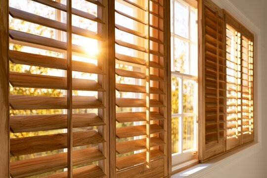 Beautiful Home Window with Wooden Shutters Filtering Golden Sunlight Through the Opening