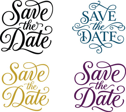 Save the Date calligraphy designs in four elegant color palettes for wedding invitations