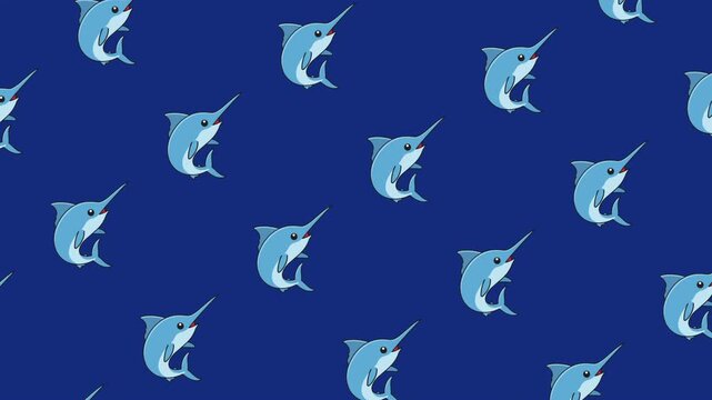 Seamless pattern of multiple blue marlin fish swimming on dark blue background