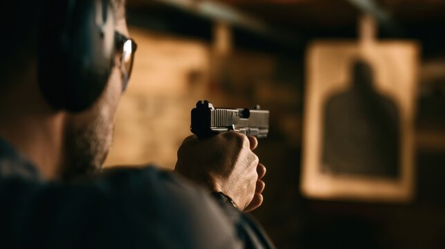 Man shooting at target in indoor range